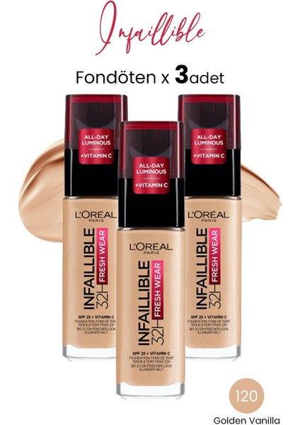 Loreal Paris Infaillible Fresh Wear 32H Fondöten SPF25 Golden Vanilla 120 x 3 Adet