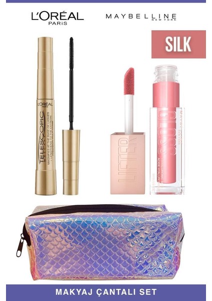 Loreal Telescopic Anında Uzun Kirpikler-Maybelline Işıltılı ve Dolgun Dudaklar 004 Silk Makyaj Seti