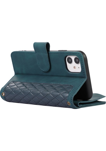 Xstepcase Apple iPhone 11 Için Fermuarlı Cep Deri Cüzdan Telefon Kılıfı 9 Kart Yuvaları Eşkenar Dörtgen Basılmış Stant Kabuğu (Yurt Dışından)