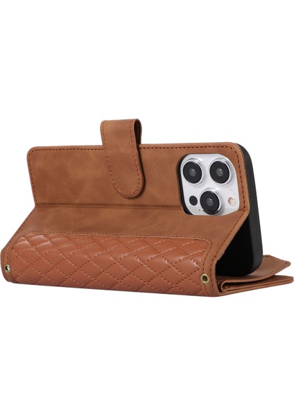 Xstepcase Apple iPhone 13 Pro 6.1 Deri Kart Tutucu Için Telefon Kılıfı Rhombus Prescrint Zipper Cep Cüzdan Stand Kapağı (Yurt Dışından)