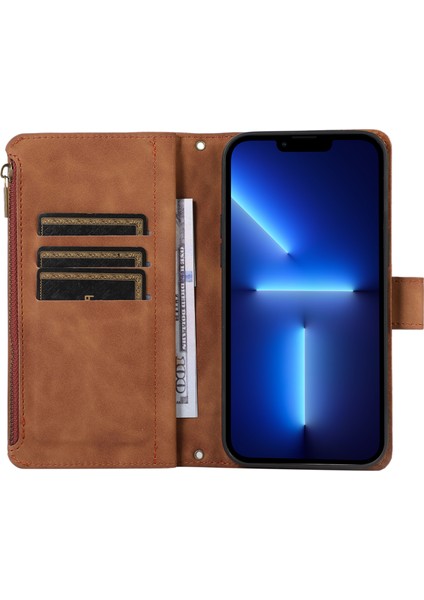 Xstepcase Apple iPhone 13 Pro 6.1 Deri Kart Tutucu Için Telefon Kılıfı Rhombus Prescrint Zipper Cep Cüzdan Stand Kapağı (Yurt Dışından)