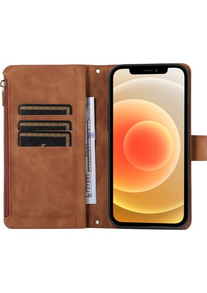 Xstepcase Apple iPhone 12/12 Pro 6.1 Fermuarı Cep Deri Koruyucu Kabuk Cüzdan Stand Telefon Kılıfı 9 Kart Yuvası (Yurt Dışından)