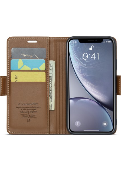 Xstepcase Apple iPhone Xr 6.1 Litchi Doku Deri Deri Cüzdan Flip Stand Kılıf Rfıd Engelleme Telefon Kapağı (Yurt Dışından)