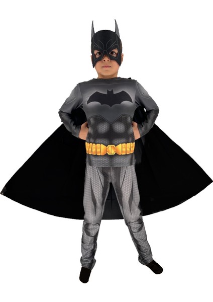 Erkek Çocuk Pelerinli Maskeli 3D Kas Görünümlü Dijital Baskılı Batman Kostümü