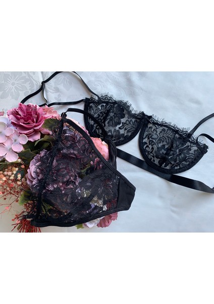 Süsen Lingerie Saçaklı Transparan Siyah Sütyen Takım