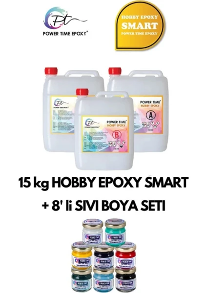 Power Time Epoxy 15 kg Hobby Epoxy Smart + 8'li Sıvı Epoksi Boya Seti/ Şeffaf Epoksi Reçine Ince Döküm