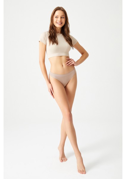 Bej Fitilli Seamless Tanga Külot Ribbed Thong indirimleri