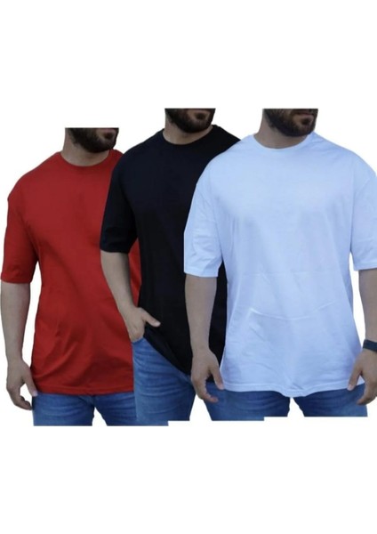 Erkek 3 Lü Rahat Kalıp Kısa Kol Basic Bisiklet Yaka Oversize T-Shirt