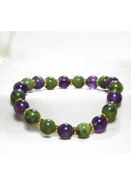 Yeşim Taşı ve Ametist Taşı Bileklik 8 mm | Gerçek Altın Kaplama Detaylı