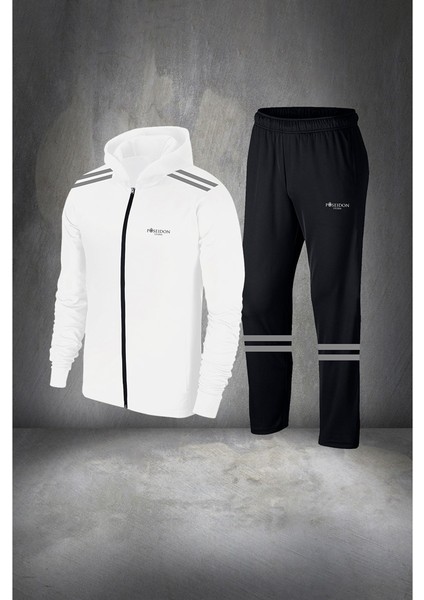 Erkek Beyaz Supra Penye Cepli Rahat Kapüşonlu Eşofman Takım Seti S 3xl