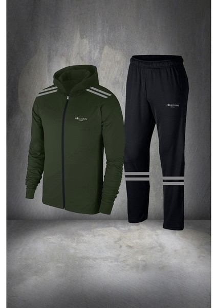 Erkek Haki Supra Penye Fermuarlı Kapüşonlu Cepli Koşu Takımı S 3xl