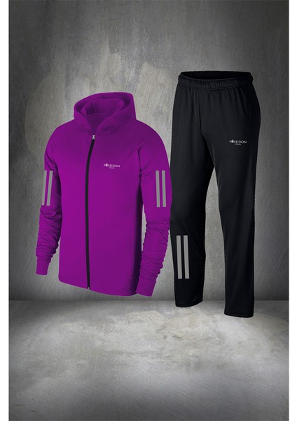 Erkek Mor Supra Penye Koşu ve Eşofman Yürüyüş Için Kapüşonlu Spor Seti 4XL 10XL