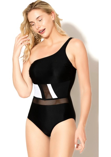 Siyah Tek Omuz Tüllü Mayo