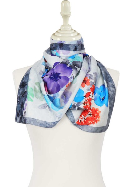 Gri Floral İpeksi Fular