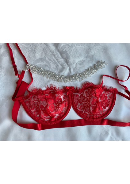 Süsen Lingerie Saçaklı Transparan Kırmızı Sütyen Takım