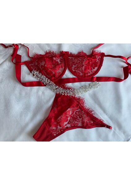 Süsen Lingerie Saçaklı Transparan Kırmızı Sütyen Takım