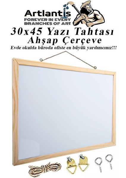 Duvara Monte Beyaz Yazı Tahtası 30X45 cm 1 Adet Laminant Yazı Tahtası Ahşap Çerçeveli Askılı Okul Ofis Büro