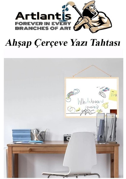 Duvara Monte Beyaz Yazı Tahtası 45X60 cm 1 Adet Laminant Yazı Tahtası Ahşap Çerçeveli Askılı Okul Ofis Büro