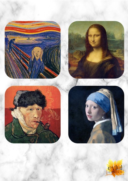 Ünlü Tablolar Baskılı Sanat Temalı 4 Adet Özel Tasarım Mdf Kare Bardak Altlığı