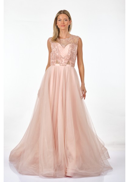 Abiye Elbise - Maxi, Kapalı Yaka, Tül Detaylı, Özel Gün