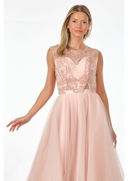 Abiye Elbise - Maxi, Kapalı Yaka, Tül Detaylı, Özel Gün modelleri