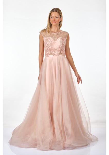 Abiye Elbise - Maxi, Kapalı Yaka, Tül Detaylı, Özel Gün fırsatları