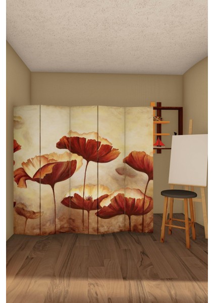 Doğal Ahşap Çiçek Tek Taraf Baskılı 5 Kanat Paravan Seperatör Oda Bölme