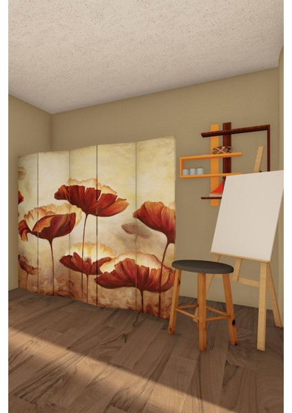 Doğal Ahşap Çiçek Tek Taraf Baskılı 5 Kanat Paravan Seperatör Oda Bölme fiyatları