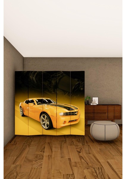 Doğal Ahşap Sarı Araba Tek Taraf Baskılı 5 Kanat Paravan Seperatör Oda Bölme