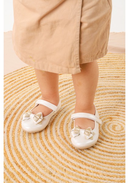 Silvery Cilt Cırtlı Kum Sim Fiyonklu Kız Çocuk Babet Ayakkabı