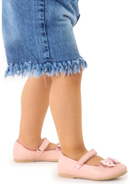 Taşlı Cırtlı Kız Çocuk Fiyonklu Babet Ayakkabı Ege 204 Cilt Pudra