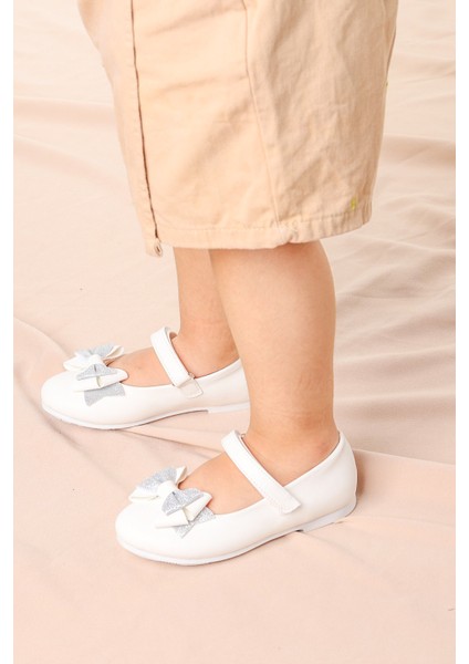 Silvery Cilt Cırtlı Kum Sim Fiyonklu Kız Çocuk Babet Ayakkabı