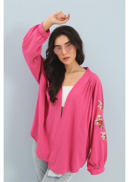 Kimono Reglan Kol Nakışlı Keten Fuşya