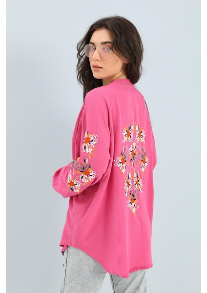 Kimono Reglan Kol Nakışlı Keten Fuşya fırsatları
