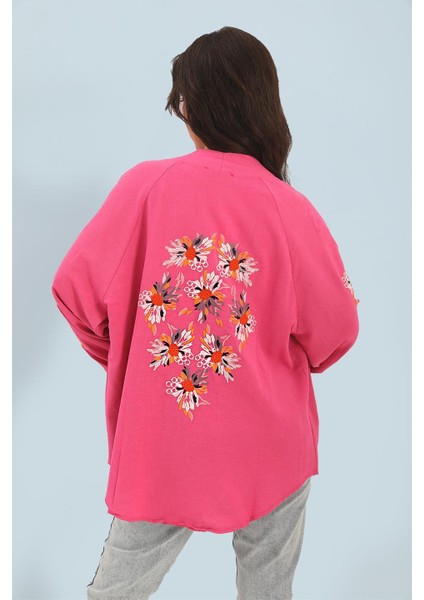 Kimono Reglan Kol Nakışlı Keten Fuşya indirimleri