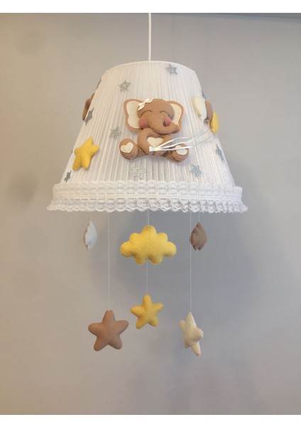 Bebek Çocuk Odası Avize Abajur Dönence Set Fil Kahve Sarı Krem