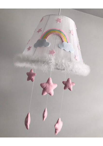 Bebek Çocuk Odası Avize Gökkuşağı Yıldızlı Açık Pembe Su Yeşili Sarı