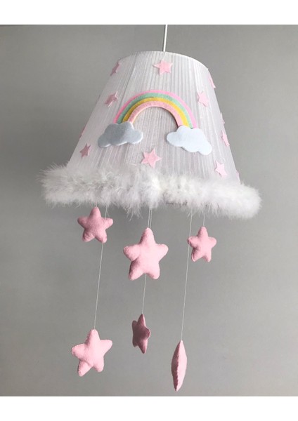 Bebek Çocuk Odası Avize Gökkuşağı Yıldızlı Açık Pembe Su Yeşili Sarı