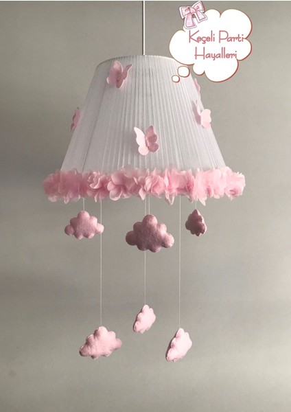 Bebek Çocuk Odası Avize Beyaz Tül Açık Pembe Bulut Çiçek Kelebek