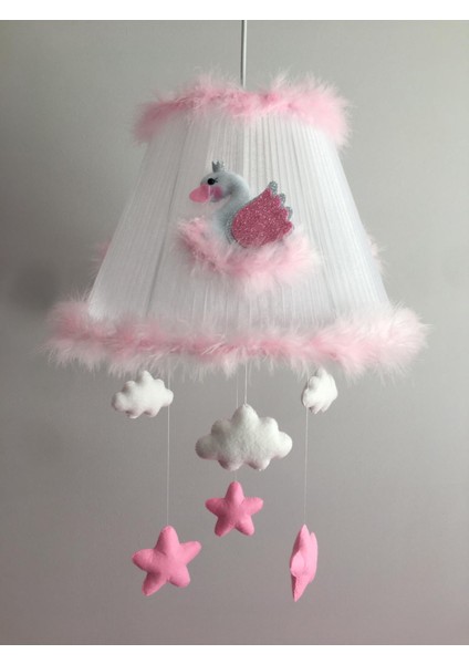 Bebek Çocuk Odası Avize Kuğu Pembe Beyaz Gümüş Bulut Yıldızlı