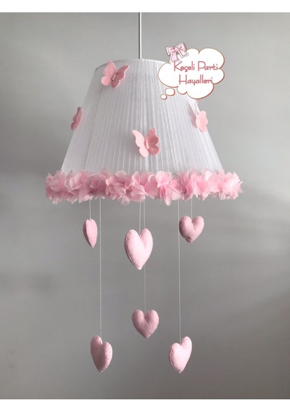 Bebek Çocuk Odası Avize Beyaz Tül Açık Pembe Çiçekl Kelebek Kalp