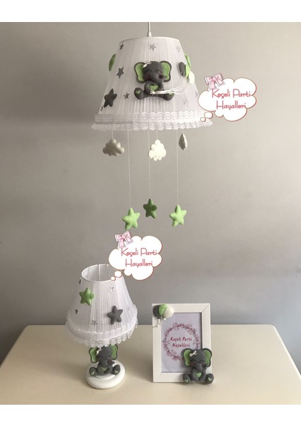 Bebek Çocuk Odası Avize Set Fil Gri Fıstık Yeşili Yıldız Balonlu