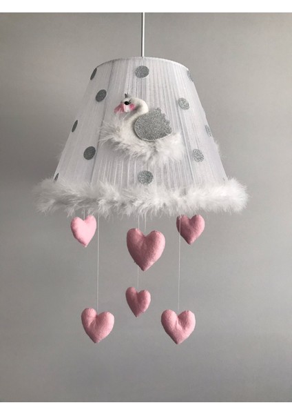Bebek Çocuk Odası Avize Kuğu Gümüş Açık Pembe Kalp