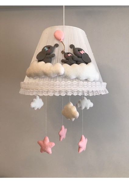 Bebek Çocuk Odası Avize Fil Aile Bulutlu Pembe Gri Beyaz