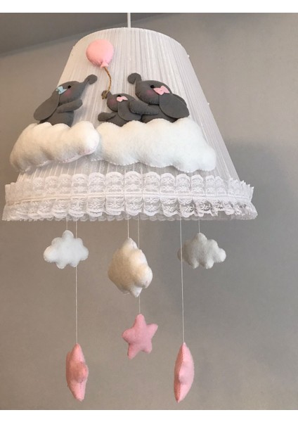 Bebek Çocuk Odası Avize Fil Aile Bulutlu Pembe Gri Beyaz modelleri