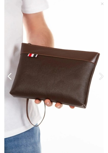 Vegan Deri Koyu Kahverengi Deriden Su Geçirmez Bilek Askılı Seyahat Portföy Clutch Unisex El Çantası (28*18CM)