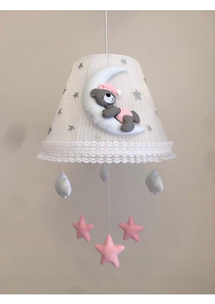 Bebek Çocuk Odası Avize Ay Ayıcık Gri Açık Pembe Yıldızlı