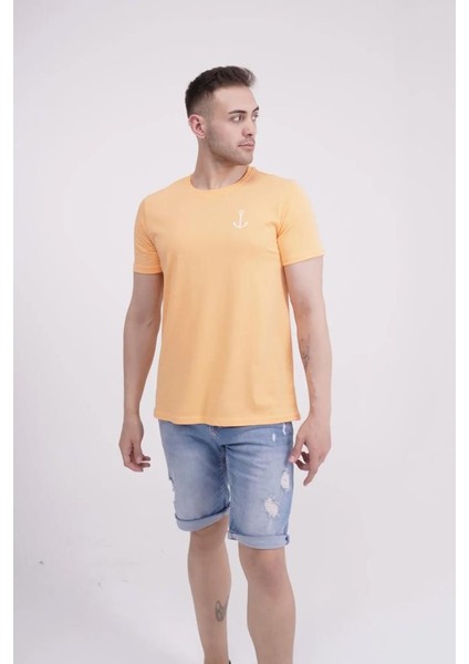 23SCTS223U Çapa Nakışlı Bisiklet Yaka Turuncu Tshirt