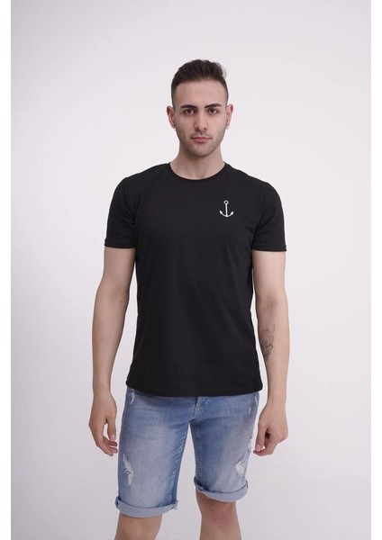 23SCTS223U Çapa Nakışlı Bisiklet Yaka Siyah Tshirt