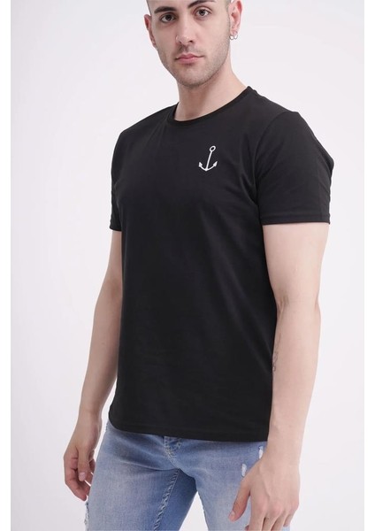 23SCTS223U Çapa Nakışlı Bisiklet Yaka Siyah Tshirt modelleri